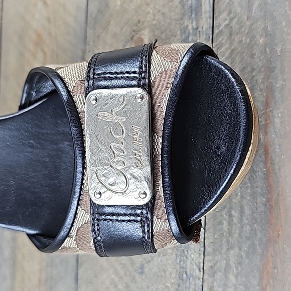 COACH Women's Illisa Heel Shoes Black Brown Brass Logo Plate Platform Sandal - Picture 8 of 11